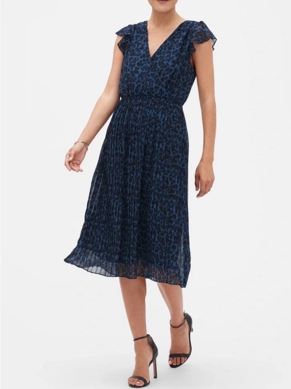 Banana Republic Factory Dress Blue Leopard Pleated Dress Modest Fall Midi MEDIUM